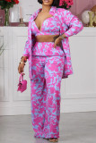 Rose Red Street Elegant Print Patchwork Buckle Turndown Collar Long Sleeve Three Pieces