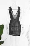 Black Sexy Solid Patchwork See-through Hot Drill V Neck Pencil Skirt Dresses