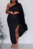 Black Daily Party Elegant Patchwork Slit Solid Color One Shoulder Asymmetrical Dresses