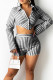 Black Casual Striped Patchwork Buttons Shirt Collar Long Sleeve Two Pieces