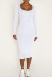 White Casual Solid Patchwork U Neck Wrapped Skirt Dresses