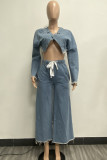 Blue Casual Solid Make Old Patchwork Draw String Pocket Buttons V Neck Long Sleeve Two Pieces