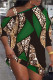 Green Casual Print Patchwork Oblique Collar Dresses