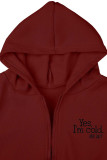 Burgundy Casual Letter Patchwork Draw String Pocket Hooded Collar Long Sleeve Three Pieces