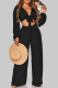 Black Street Solid Bandage Patchwork V Neck Long Sleeve Two Pieces