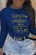 Navy Blue Casual Print Patchwork Letter O Neck Tops