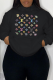 Black Casual Daily Print Draw String Hooded Collar Tops