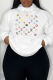 White Casual Daily Print Draw String Hooded Collar Tops