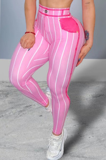 Pink Sportswear Striped Patchwork Pocket