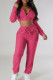 Rose Red Street Solid Patchwork Draw String Pocket Zipper Hooded Collar Long Sleeve Two Pieces