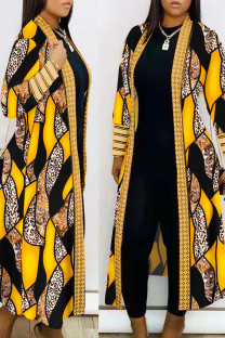 Yellow Casual Print Patchwork Cardigan Collar Plus Size Overcoat