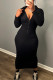 Black Sexy Solid Patchwork Zipper Hooded Collar Wrapped Skirt Dresses