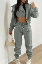 Grey Casual Letter Patchwork Draw String Pocket Hooded Collar Long Sleeve Three Pieces