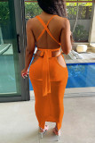 Orange Sexy Solid Hollowed Out Backless Strap Design V Neck Sleeveless Two Pieces