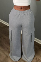 Grey Casual Solid Patchwork Pocket High Waist Wide Leg Solid Color Bottoms