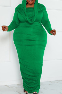 Green Sexy Street Solid Patchwork Hooded Collar Wrapped Skirt Plus Size Dresses