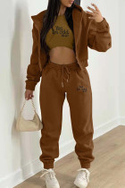 Brown Casual Letter Patchwork Draw String Pocket Hooded Collar Long Sleeve Three Pieces