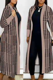 Brown Casual Print Patchwork Cardigan Collar Plus Size Overcoat
