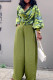 Green Sweet Striped Patchwork Pocket Fold V Neck Long Sleeve Two Pieces