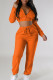 Tangerine Red Street Solid Patchwork Draw String Pocket Zipper Hooded Collar Long Sleeve Two Pieces