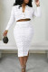 White Casual Solid Hollowed Out Patchwork Buckle Slit Turndown Collar Long Sleeve Two Pieces