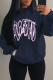 Navy Blue Casual Daily Print Draw String Hooded Collar Tops