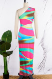 Colour Sexy Elegant Simplicity Mixed Printing Printing Contrast One Shoulder Sleeveless Dress Dresses