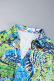 Green Casual Daily Elegant Simplicity Asymmetrical Printing Contrast Shirt Collar Long Sleeve Dresses