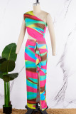 Colour Sexy Elegant Simplicity Mixed Printing Printing Contrast One Shoulder Sleeveless Dress Dresses