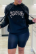 Black Street Vintage Print Draw String Hooded Collar Tops