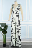 Cream White Casual Daily Simplicity Mixed Printing Frenulum Printing V Neck Regular Jumpsuits