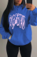 Royal Blue Casual Daily Print Draw String Hooded Collar Tops