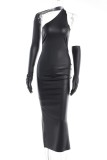 Black Sexy Solid Backless Slit Asymmetrical Oblique Collar Long Dress Dresses