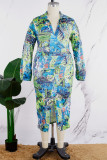 Green Casual Daily Elegant Simplicity Asymmetrical Printing Contrast Shirt Collar Long Sleeve Dresses