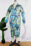 Green Casual Daily Elegant Simplicity Asymmetrical Printing Contrast Shirt Collar Long Sleeve Dresses