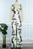 Cream White Casual Daily Simplicity Mixed Printing Frenulum Printing V Neck Regular Jumpsuits