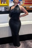 Black Sexy Solid Backless Slit Asymmetrical Oblique Collar Long Dress Dresses