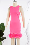 Rose Red Daily Party Elegant Simplicity Patchwork Feathers Solid Color O Neck Sleeveless Dress Dresses