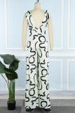 Cream White Casual Daily Simplicity Mixed Printing Frenulum Printing V Neck Regular Jumpsuits
