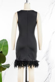 Rose Red Daily Party Elegant Simplicity Patchwork Feathers Solid Color O Neck Sleeveless Dress Dresses
