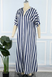 Blue Casual Striped Print Patchwork V Neck Long Dress Dresses