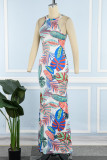 White Casual Daily Vacation Simplicity Floral Printing Halter Printed Dress Dresses