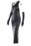 Black Sexy Solid Backless Slit Asymmetrical Oblique Collar Long Dress Dresses