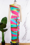 Colour Sexy Elegant Simplicity Mixed Printing Printing Contrast One Shoulder Sleeveless Dress Dresses