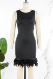 Rose Red Daily Party Elegant Simplicity Patchwork Feathers Solid Color O Neck Sleeveless Dress Dresses