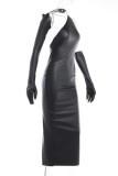 Black Sexy Solid Backless Slit Asymmetrical Oblique Collar Long Dress Dresses