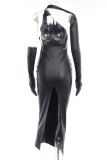 Black Sexy Solid Backless Slit Asymmetrical Oblique Collar Long Dress Dresses