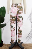 Pink Casual Camouflage Print Patchwork Regular High Waist Conventional Full Print Trousers