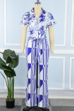 Blue Casual Print Patchwork Turndown Collar Regular Jumpsuits (The Belt Is Subject To The Actual Product)