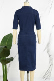 Deep Blue Casual Solid Patchwork Turndown Collar Half Sleeve Denim Dresses